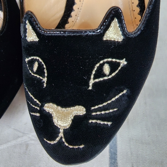 Charlotte Olympia Kitty Cat Embroidered Velvet Pump Black Gold Size 36/6 - Picture 6 of 16